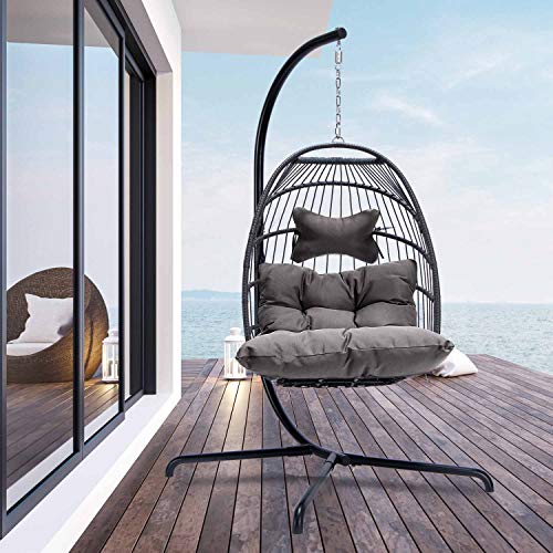 NICESOUL® Egg Chair Indoor Outdoor Patio Wicker Hanging Egg Chair Swing Egg Basket Chairs with Stand UV Resistant Cushions 350lbs Capacity for Outside Backyard Balcony Xmas Gift