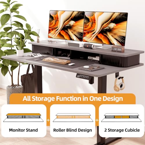 JOY worker Height Adjustable Electric Standing Desk with Storage Shelves, 48 Inch Table with Built-in Monitor Stand, Sit Stand Desk with 2 Hooks for Home Office, Grey Desktop & Black Frame JOY worker
