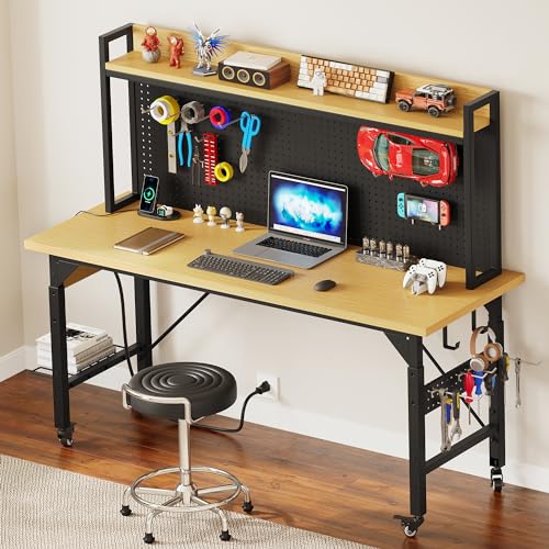 DWVO 60" Adjustable Workbench with Pegboard, Heavy Duty Wood Top Work Bench with Wheels, 1600 LBS Load Capacity, Rolling Work Table with AC/USB Outlet, Hooks, Rack for Garage, Workshop, Offic - WoodArtSupply