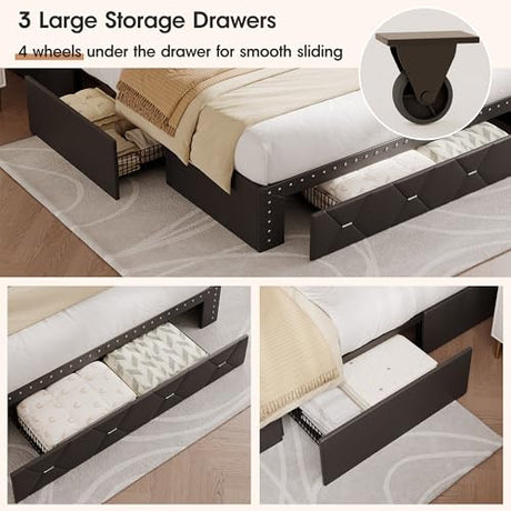 Maupvit Black Full Bed Frame with LED Lights and Storage Drawers, PU Upholstered Platform Bed Frame with LED Lights and Charging Station, 3-Tier Shelves, Rivet Trim, No Box Spring Needed, Noise Free Maupvit