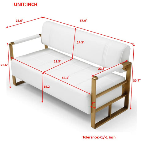 PBOGHLRD 57.9" Modern Leather Loveseat Sofa, Upholstery Faux Bonded Leather Accent Futon Couch with Metal Square Arms for Living Room, Office, Apartment (White) PBOGHLRD