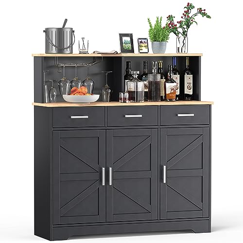 yacchi home Buffet Cabinet with Storage, 47" Large Double-Layer Sideboard Cabinet, Kitchen Cabinet with 3 Drawers and Movable Laminate, Durable Wood Coffee Bar Cabinet for Kitchen Dining Room - WoodArtSupply