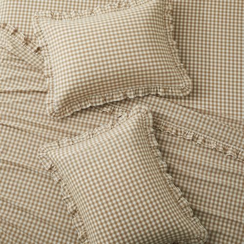 KKJIAF 4 Pieces Plaid Ruffle King Size Sheets Set, Cotton Gingham King Sheet Set Linen Feel Comfy Breathable Ruffed Plaid Bed Sheet Set with 16 Inches Deep Pocket, Taupe KKJIAF