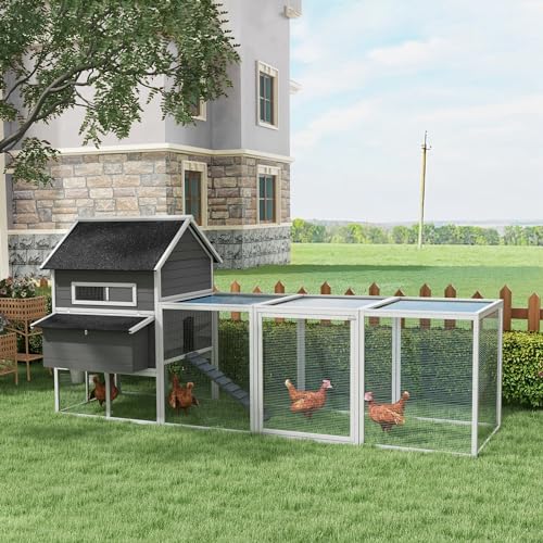 PawHut 137" Wooden Chicken Coop for 8-10 Chickens, Large Chicken House, Poultry Hen Cage with Nesting Box and Run for Backyard, Gray - WoodArtSupply