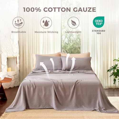 LUTBM King Sheet Set 100% Cotton Bed Sheets Gauze 4 Pcs Grey King Muslin Sheets Set 16" Deep Pocket Sheet & Pillowcase Sets Breathable Boho Soft Bedding Sets for All Season LUTBM