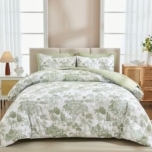DJY Sage Green Comforter Set King, 7 Pieces Bed in a Bag King Size Botanical Comforters with Sheets Elegant Plants Print Soft Microfiber Reversible Complete Bedding Sets for All Season DJY