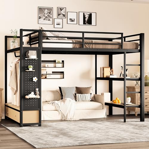 Bellemave Full Size loft Bed with Wardrobe and Storage Shelves and Pegboard Drawers, Metal Full Loft Bed Frame for Adults, Kids, Teens, Black Bellemave