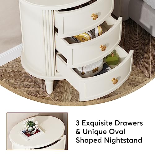 LITTLE TREE No Assembly Nightstand with 3 Drawers, Farmhouse Off-White Bedside Table for Bedroom, All Wooden Oval Nightstand with Storage LITTLE TREE