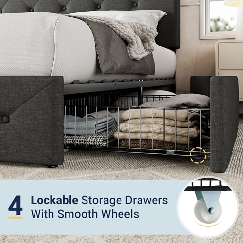Allewie Upholstered Full Size Platform Bed Frame with 4 Storage Drawers and Headboard, Diamond Stitched Button Tufted, Mattress Foundation with Wooden Slats Support, No Box Spring Needed, Dark Grey Allewie