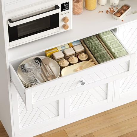 BOTLOG 72” Tall Kitchen Pantry Storage Cabinet, Modern White Kitchen Hutch with Large Storage Drawer, Countertop, Adjustable Shelves, Food Pantry Cabinets for Dining Room, Living Room BOTLOG
