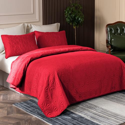 Whale Flotilla King Quilt Bedding Set, Soft Bright Red Bedspreads Quilts King Size for All Seasons, 3 Pieces Lightweight Geometric Star Pattern Coverlet