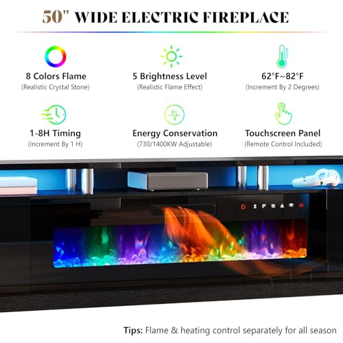 AMERLIFE 90" High Gloss 2 Tier TV Stand with 50" Electric Fireplace, Modern Luxury Large Entertainment Center/w LED Lights, Media Console Table Storage Cabinet for TVs Up to 100", Living Room, Black AMERLIFE