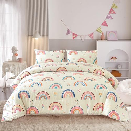 Btargot Lightweight Soft 3 Piece Rainbow Comforter Set with 2 Pillow Covers, Cartoon Love Hearts Flowers and Grass Bedding Set for Girls Boys Kids, Full Multi-Color Btargot