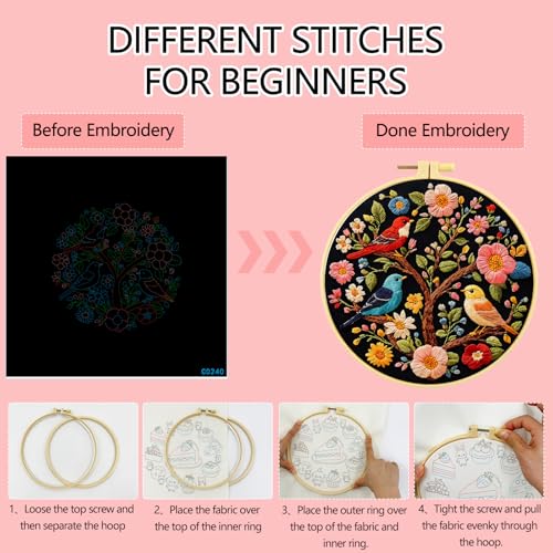 Zhenqing Three Birds on Floral Tree Embroidery Kit for Beginners, Pre-Printed 29x29cm Cotton Fabric with 20cm Hoop, Colorful Birds Design on Dark Background (C0240)