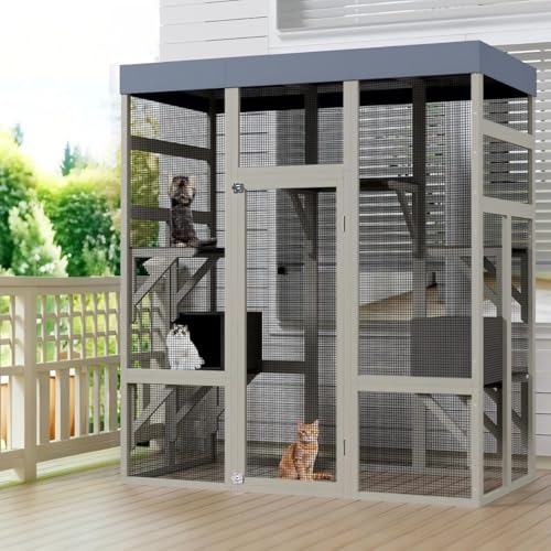 70" Large Outdoor Catio Cat Enclosure, Wood Cat Patio with Waterproof UV-Resistant Roof, Cats Shelter with 5 Platforms and 2 Resting Box, and Secure Rust-Proof Wire for Backyard or Patio IDEALHOUSE