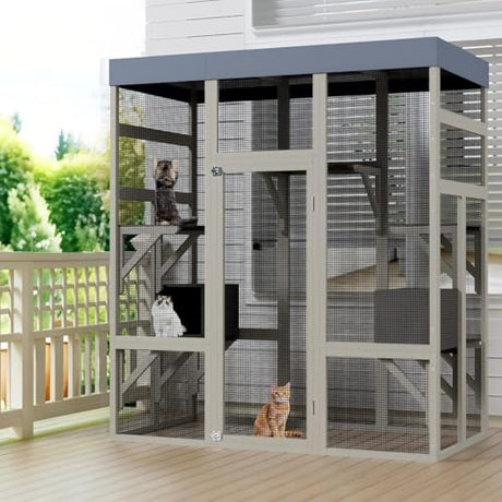 70" Large Outdoor Catio Cat Enclosure, Wood Cat Patio with Waterproof UV-Resistant Roof, Cats Shelter with 5 Platforms and 2 Resting Box, and Secure Rust-Proof Wire for Backyard or Patio IDEALHOUSE