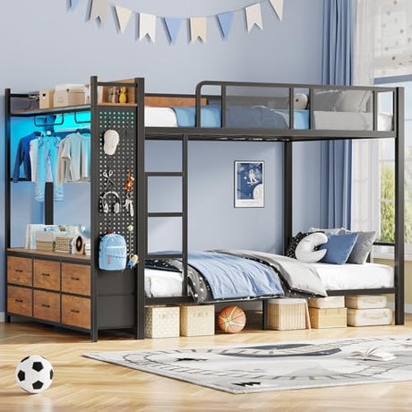 Itaar Metal Bunk Bed Full Over Full with Hall Tree, Power Outlet, LED Bunk Bed with 6 Storage Drawers, Bed with 13‘’ Safety Guardrail & Ladders for Kids and Teen, 400lb Weight Capacity, Rustic Brown Itaar