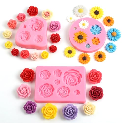 3 PCS Flower Molds Silicone 3D Cute Flower Candle Molds Silicone Fondant Chocolate Cake Decorating Mold Rose & Daisy Flowers Silicon Mold for Wedding Cake Decorating Tools Home Décor Handmade Gift