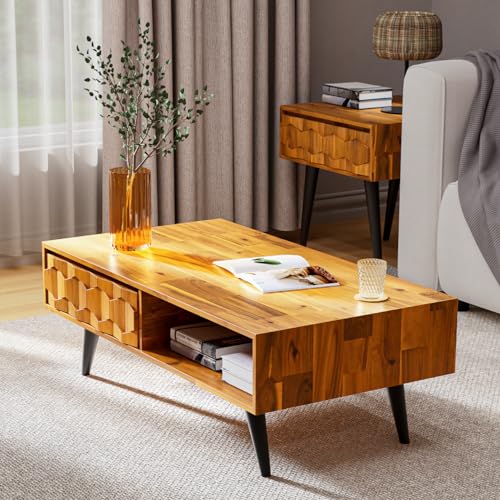 Bme Georgina Solid Wood Coffee Tables for Living Room, Coffee Table Mid Century Modern with 2 Symmetrical Storage Drawers & Geometric Details, Fully