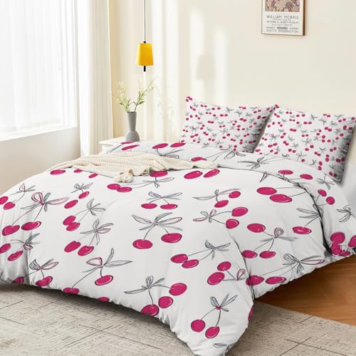 3-Piece Double-Sided Printed Duvet Cover Set Single – Soft Microfiber Bedding with Minimalist Cherry Romantic Design with Zipper Closure,Includes 1 Duvet Cover + 2 Pillowcases Light Color Generic