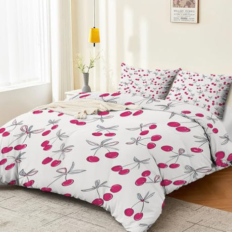 3-Piece Double-Sided Printed Duvet Cover Set Single – Soft Microfiber Bedding with Minimalist Cherry Romantic Design with Zipper Closure,Includes 1 Duvet Cover + 2 Pillowcases Light Color Generic