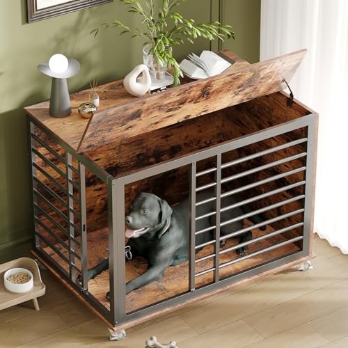 Saudism 45 Inch Large Dog Crate Furniture with Flip Top, Heavy Duty Dog Kennel with Wheels, Wood Dog Cage Table Indoor, for Large/Medium/Small Dogs, 45×30×31 Inch - WoodArtSupply