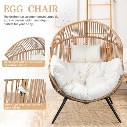 Vongrasig Wicker Egg Chair PE Rattan Chair with Cushion, Oversized Patio Lounge Chair for Outdoor, Indoor, Balcony, Backyard, Garden, Beige - WoodArtSupply