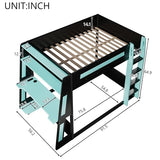 Full Over Full Wooden Bunk Bed with Desk & Charging Station & LED Lights,Gaming Loft Bed Frame with Safety Guardrails,Ladder and Storage Shelves,Esports Design for PC & Console Gamers,Black Blue FUvellamo