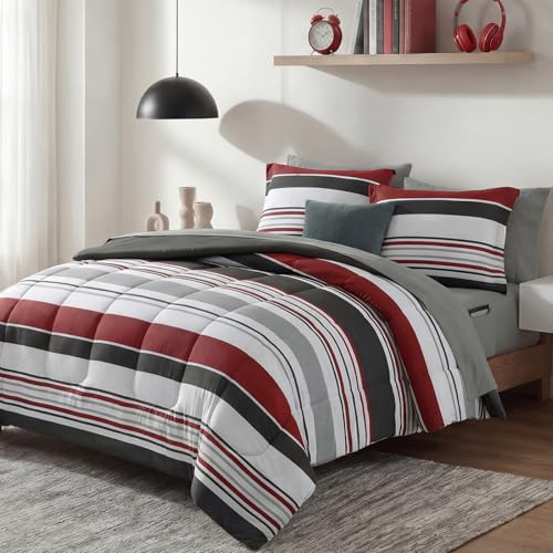 Monbix Queen Comforter Set - 7 Pieces Bed in a Bag Queen, Red and Black-Stripe Bedding Sets, All Seasons Comforter Bed Set with Sheets, Pillowcases & Shams Monbix