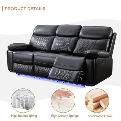 Power Recliner Sofa Set with Bass Speakers for Living Room, Leather 3 Seater Reclining Sofa and Loveseat Seating Couch With Wireless Charger, LED Lights, Home Theater Love seat Sets With Console,Black