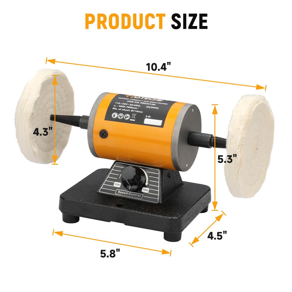 Hoteche 4-3/8-Inch Bench Buffer Polisher Adjustable Speed Electric Buffing Machine for Metal, Wood, Jewelry, Sanding, Waxing Hoteche