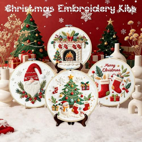 QCCTPUU 4 Sets Christmas Embroidery Kits, Beginner Embroidery Kit for Adults, Cross Stitch Kits for Beginners with Hand Embroidery Tools(Instructions, Needles, Threads QCCTPUU