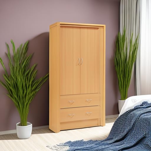 HODEDAH 2 Door Wood Wardrobe Bedroom Closet with Clothing Rod inside Cabinet and 2 Drawers for Storage, Beech Hodedah