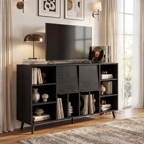 IRONCK Large Record Player Stand 55", Holds 600+ Vinyl Record Storage Cabinet with Charging Station, Mid Century Modern Turntable Stand for Living Room, Bedroom, Black IRONCK