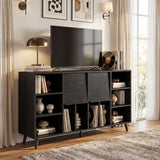IRONCK Large Record Player Stand 55", Holds 600+ Vinyl Record Storage Cabinet with Charging Station, Mid Century Modern Turntable Stand for Living Room, Bedroom, Black IRONCK