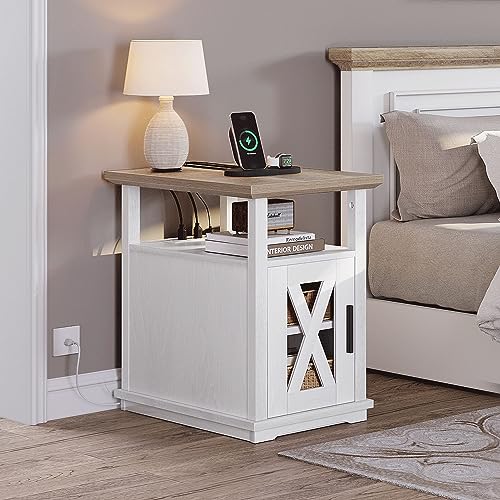 YITAHOME End Table with Charging Station, Narrow Side Table with Storage Adjustable Shelf, Farmhouse Nightstand with Door for Living Room, Bedroom, Grey Wash