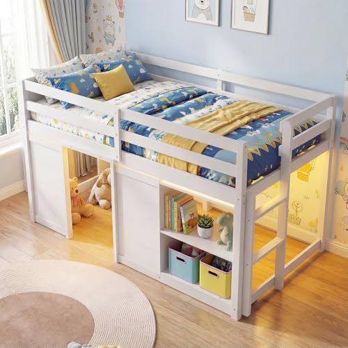 Giantex Loft Bed Twin Size with LED Lights, Wooden Low Bed Frames for Kids w/2 Doors, Under-Bed Play Space & Storage Bookcase, Modern Bedframe with Ladder & Safety Guardrail for Boys Girls (White) Giantex