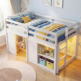 Giantex Loft Bed Twin Size with LED Lights, Wooden Low Bed Frames for Kids w/2 Doors, Under-Bed Play Space & Storage Bookcase, Modern Bedframe with Ladder & Safety Guardrail for Boys Girls (White) Giantex
