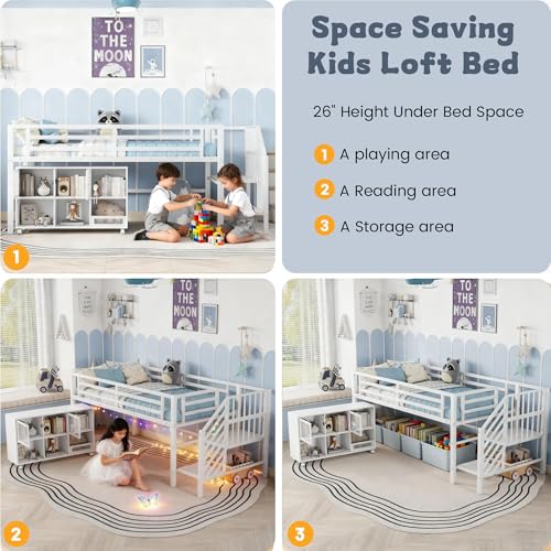 MoproBeti Low Loft Bed with Stairs, Metal Kids Loft Bed with Storage Cubby, Twin Low Loft Bed with Safety Guardrail and Under-Bed Play Space for Girls Boys,No Box Spring Needed,White MoproBeti