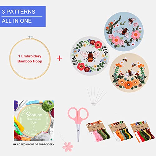 Santune 3 Pack Bee Embroidery Kit for Beginners Adult Cross Stitch Kits Hand Embroidery with Animal Patterns and Instructions,DIY Sets for Women with Hoop,Threads and Needles