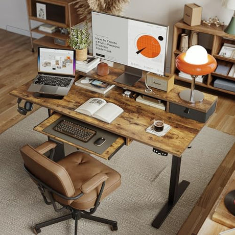 Agilestic Electric Standing Desk with 2 Drawers and Keyboard Tray, 55 x 24 Inches Ergonomic Adjustable Height Desk with Storage, Sit Stand up Desk Computer Workstation, Rustic Brown Agilestic