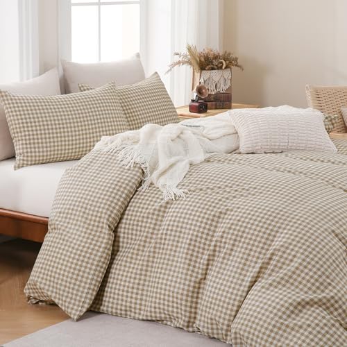 YHJWW Brown Gingham Duvet Cover Bedding Set Prewashed Extra Soft Comfy Breathable 3 Piece Plaid Checkered Grid Vintage Comforter Cover Set Cute Aesthetic (King 104"x90", No Comforter) YHJWW