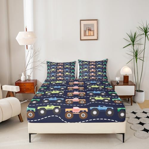 Feelyou 3D Truck Sheet Set Boys Cars Bed Sheets for Kids Girls Teens Freestyle Truck Decor Bed Set Blue Sheets with 2 Pillowcases 4Pcs Bedding Full Feelyou