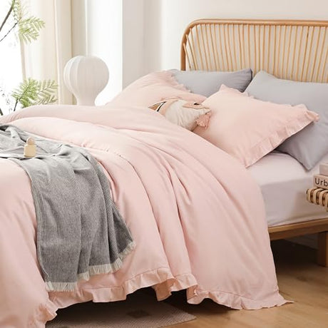 JANZAA Full Size Comforter Pink Comforter Set 3PCS 1 Ruffled Comforter Set and 2 Pillow Cases Blush Pink Bed Set Vintage Farmhouse Shabby Chic Bedding Soft All Season JANZAA