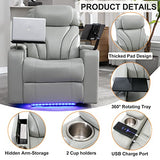 QKFF Zero Wall Power Recliner with Bluetooth Speaker & USB Ports - Home Theater Electric Recliner Chair with Cup Holder, Arm Storage, LED Lights, Phone Holder & Removable Tray Table