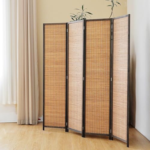 Pawlabay 4 Panel Bamboo Room Divider Screen,5.6 FT Tall Bamboo Divider Folding Panel Screen,Freestanding Panel Divider for Room Seperation,Brown PawlaBay