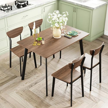 furlinkhm Kitchen Dining Table Set for 4, Modern Rectangular 5 Piece Dining Room Table and Chairs Set, Brown Wooden Metal Table Set for Family Dinner, Party, Afternoon Tea and Work (Curved Moon) furlinkhm