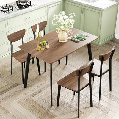 furlinkhm Kitchen Dining Table Set for 4, Modern Rectangular 5 Piece Dining Room Table and Chairs Set, Brown Wooden Metal Table Set for Family Dinner, Party, Afternoon Tea and Work (Curved Moon)