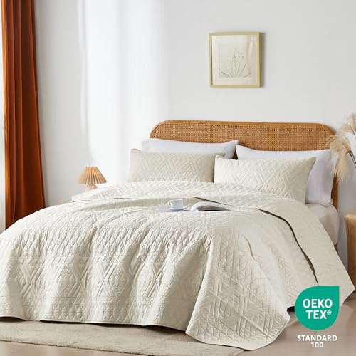 akkialla Twin Quilt Set, Boho Style in a Solid Color, Cream Lightweight Microfiber Bedspread, Soft and Breathable Coverlet for All Seasons, 2-Piece Bedding Set (1 Quilt, 1 Pillow Sham) akkialla