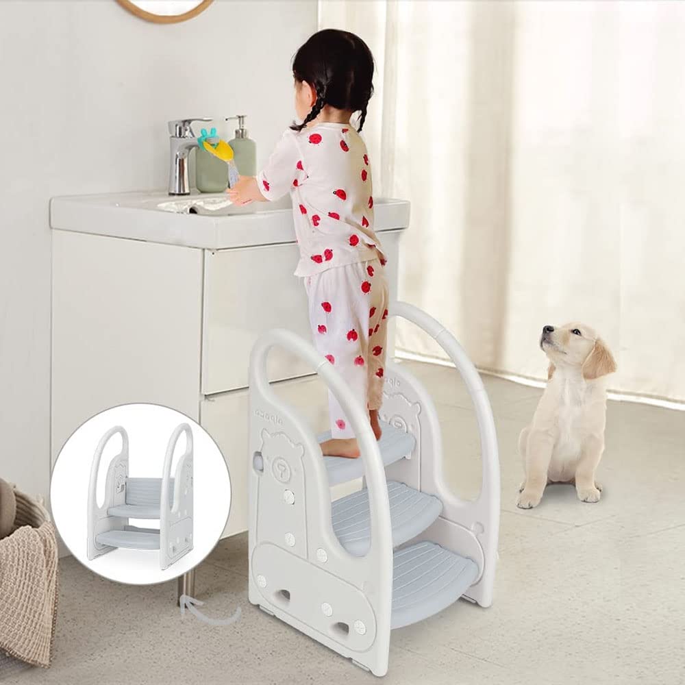 Toddler 3 Step Stool Onasti Kids Standing Tower for Toddlers Plastic Learning Helper Stool for Kitchen Counter Bathroom Sink Toilet Potty Training with Handles and Non-Slip Pads-Grey White Onasti